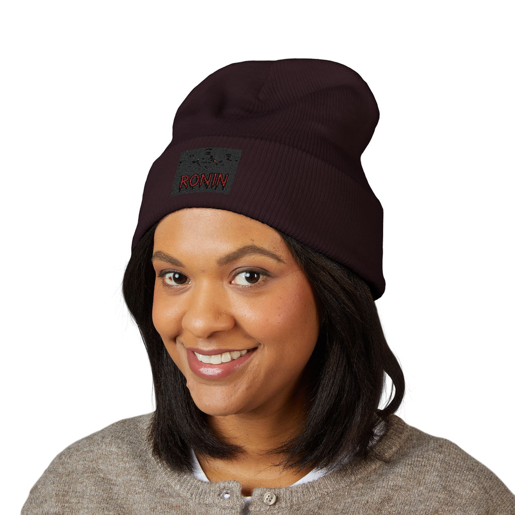 Embroidered 'RONIN' Cuffed Beanie — White Knit Winter Hat