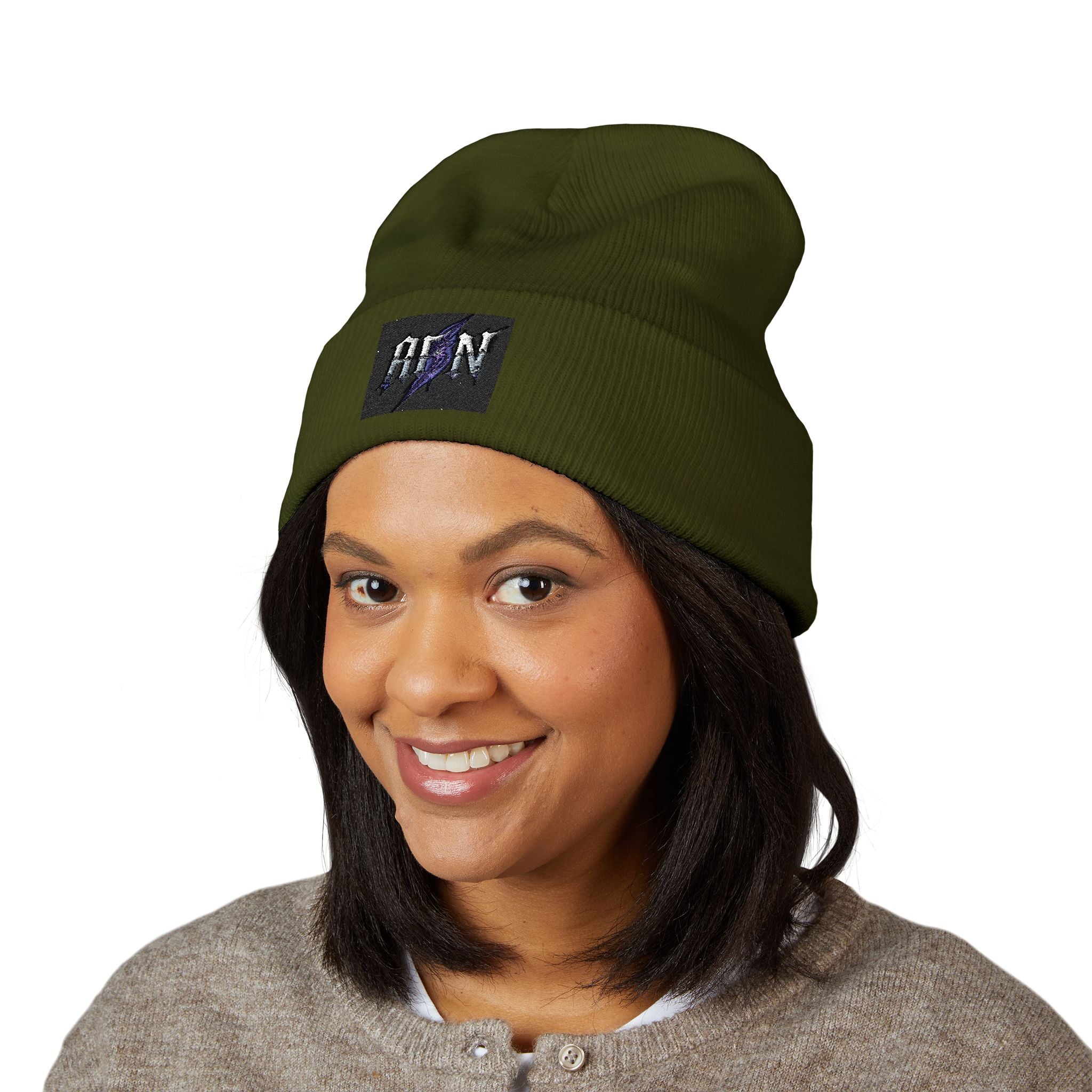 Embroidered 'ABN' Classic Cuffed Beanie — White Knit Winter Hat