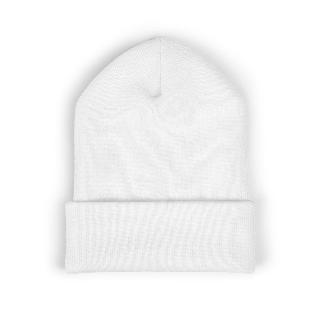 Embroidered 'RONIN' Cuffed Beanie — White Knit Winter Hat