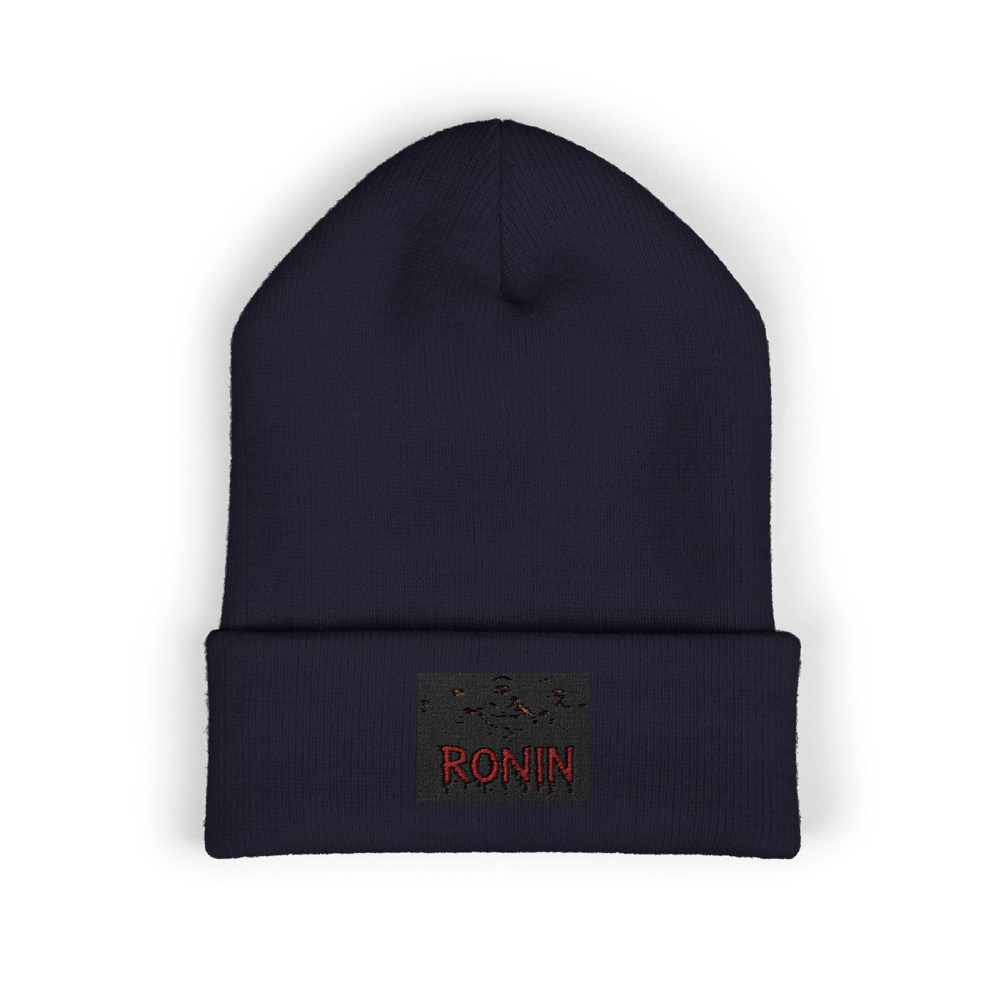 Embroidered 'RONIN' Cuffed Beanie — White Knit Winter Hat