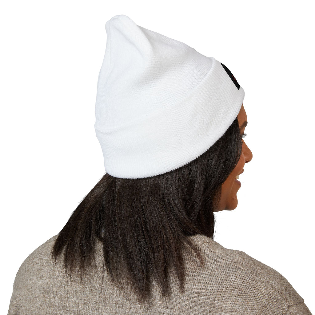 Embroidered 'RONIN' Cuffed Beanie — White Knit Winter Hat