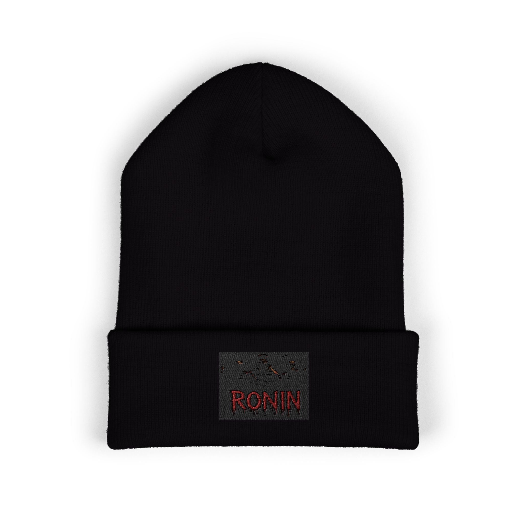 Embroidered 'RONIN' Cuffed Beanie — White Knit Winter Hat