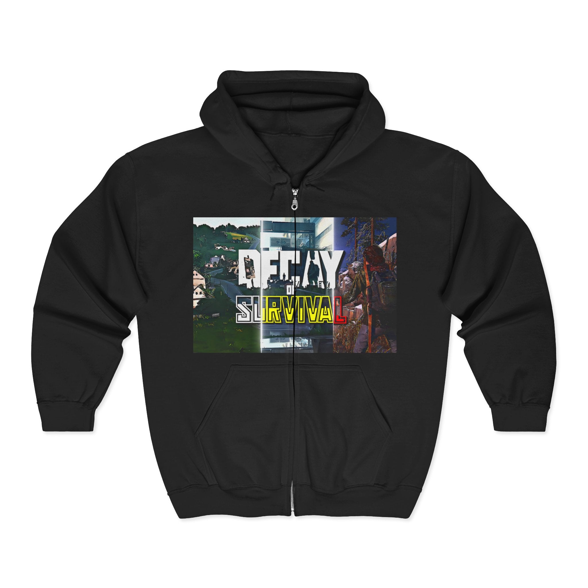 Decay of Survival Zip Hoodie — Post-Apocalyptic Gaming Graphic Hoodie