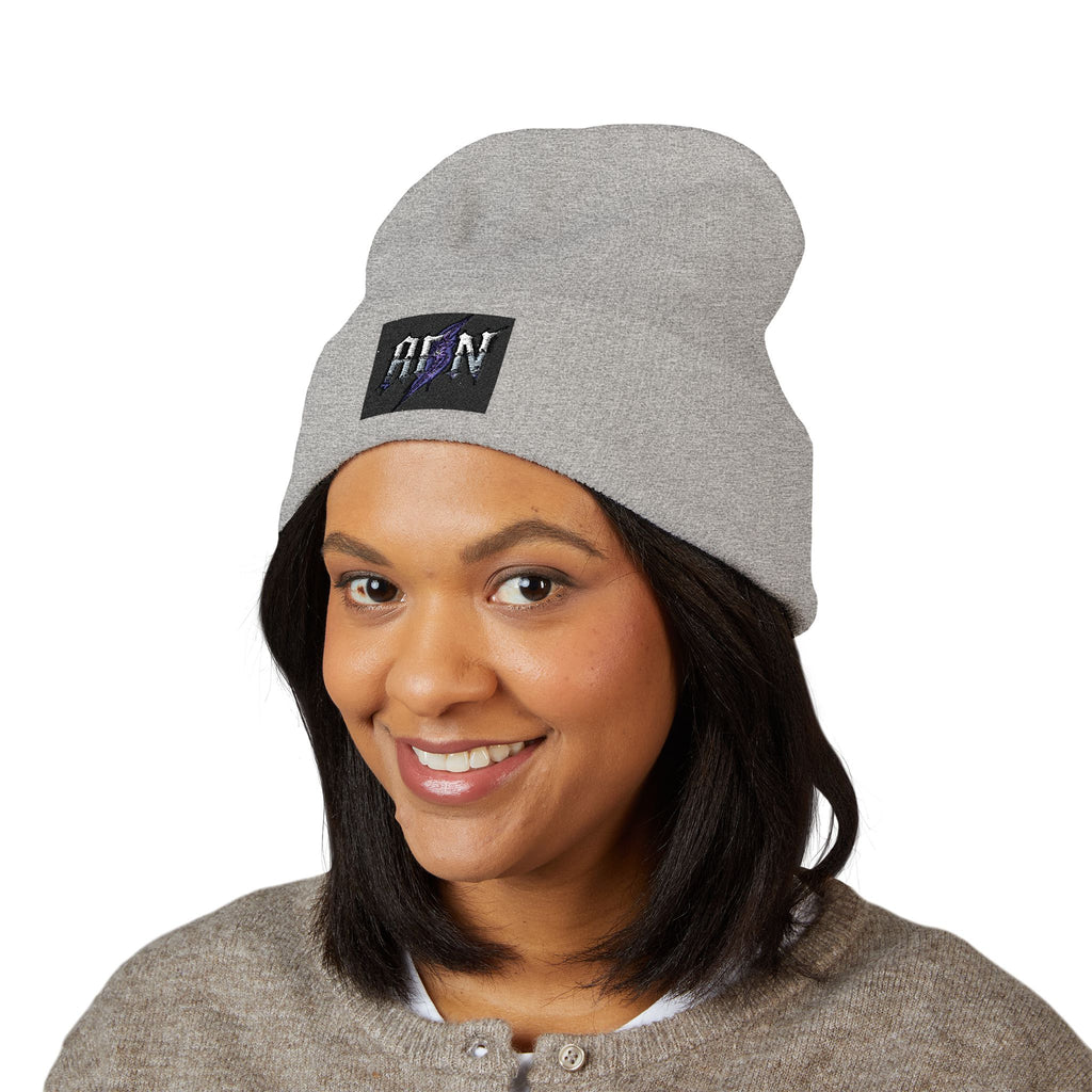 Embroidered 'ABN' Classic Cuffed Beanie — White Knit Winter Hat