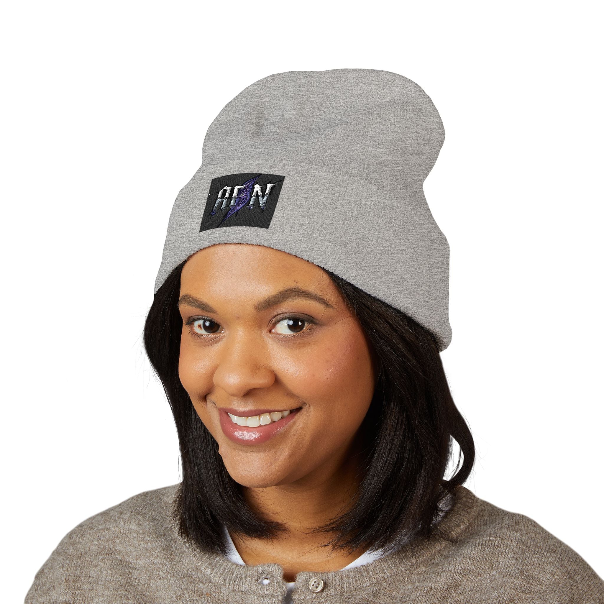 Embroidered 'ABN' Classic Cuffed Beanie — White Knit Winter Hat