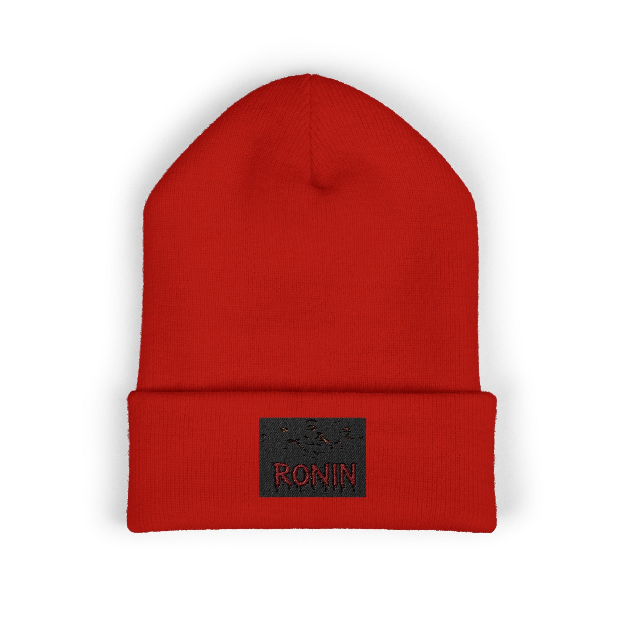 Embroidered 'RONIN' Cuffed Beanie — White Knit Winter Hat