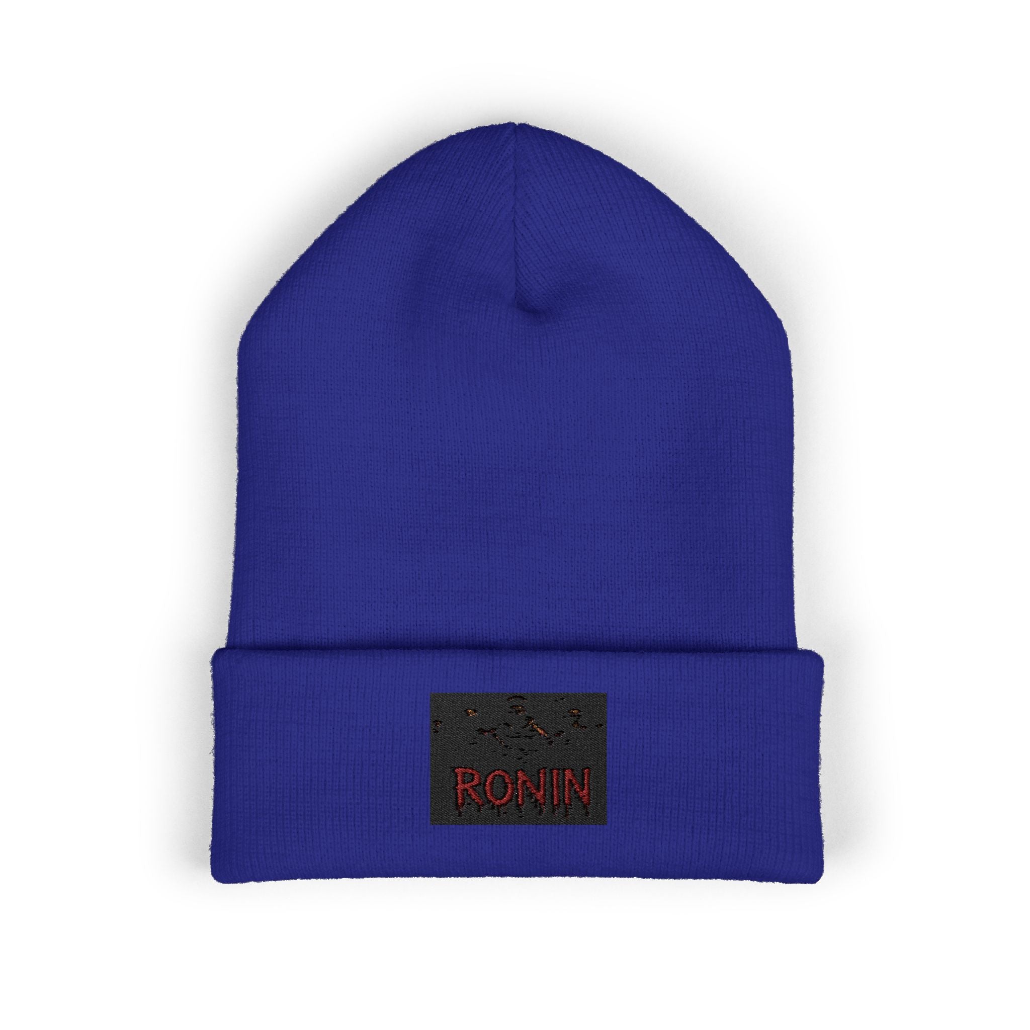 Embroidered 'RONIN' Cuffed Beanie — White Knit Winter Hat