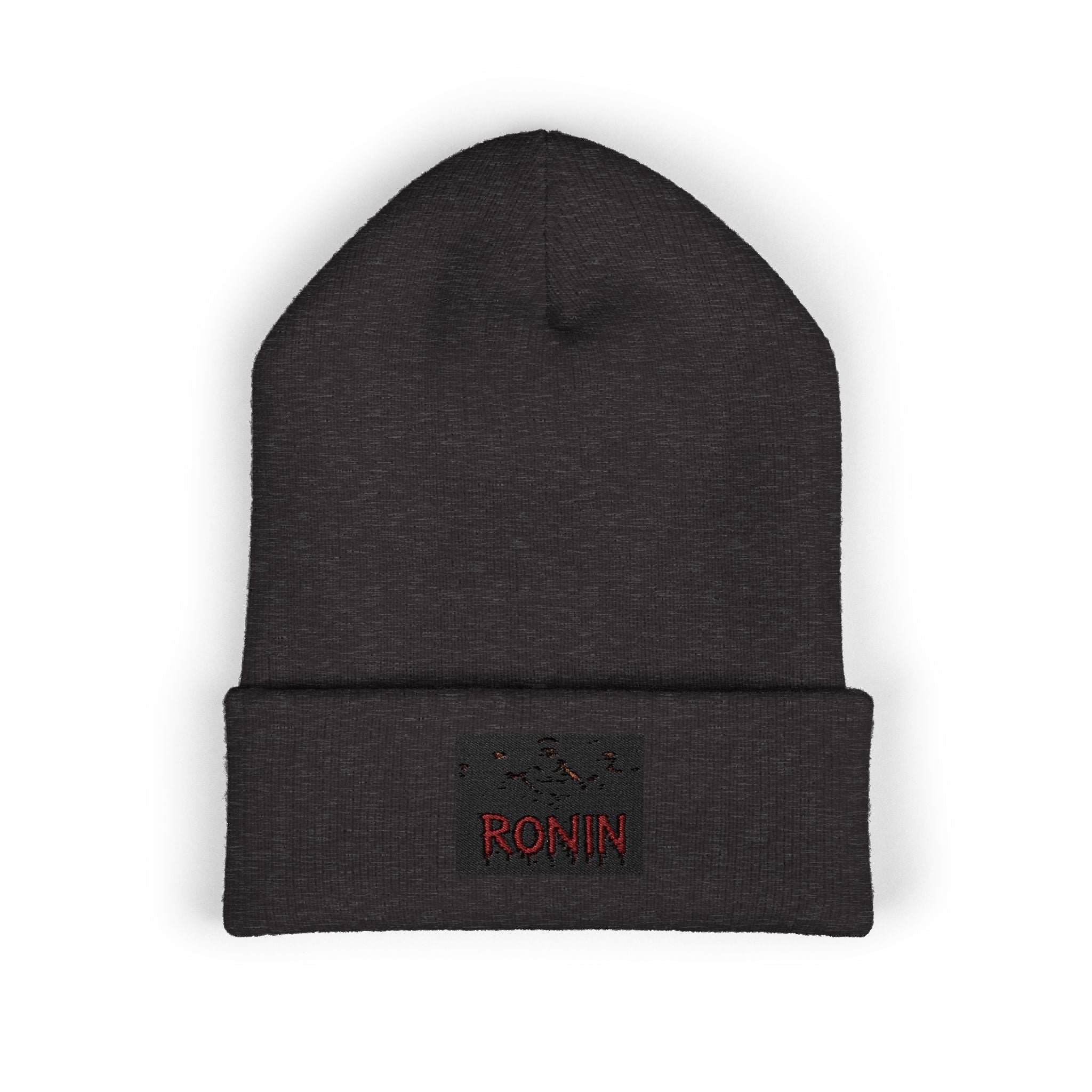 Embroidered 'RONIN' Cuffed Beanie — White Knit Winter Hat