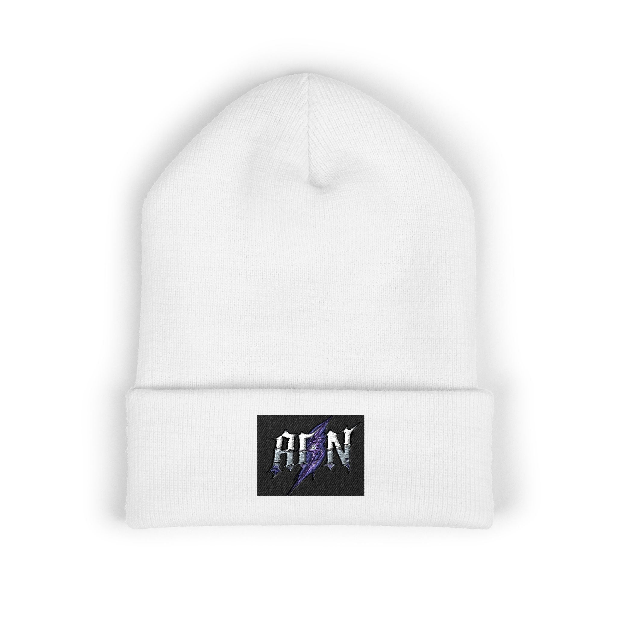 Embroidered 'ABN' Classic Cuffed Beanie — White Knit Winter Hat