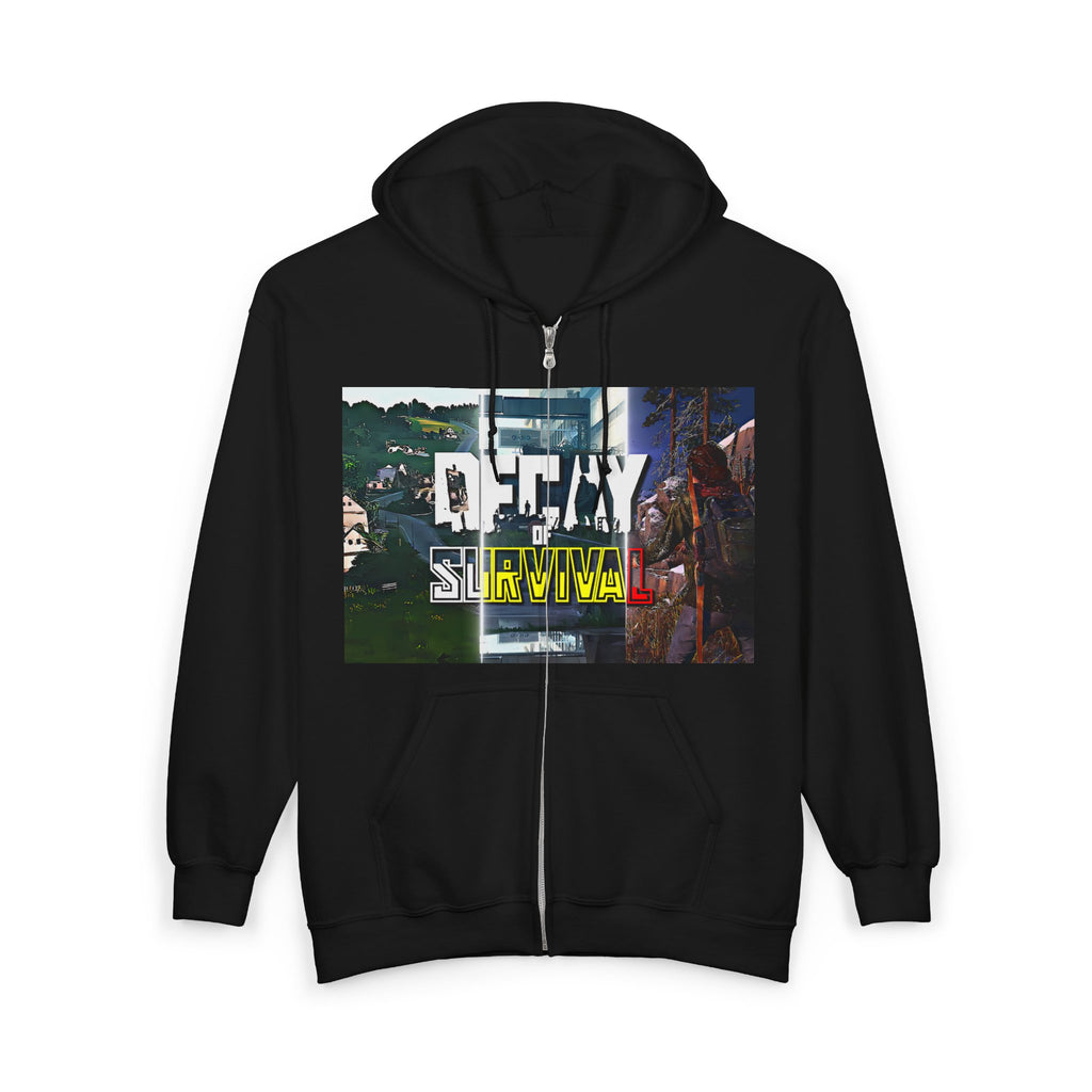 Decay of Survival Zip Hoodie — Post-Apocalyptic Gaming Graphic Hoodie