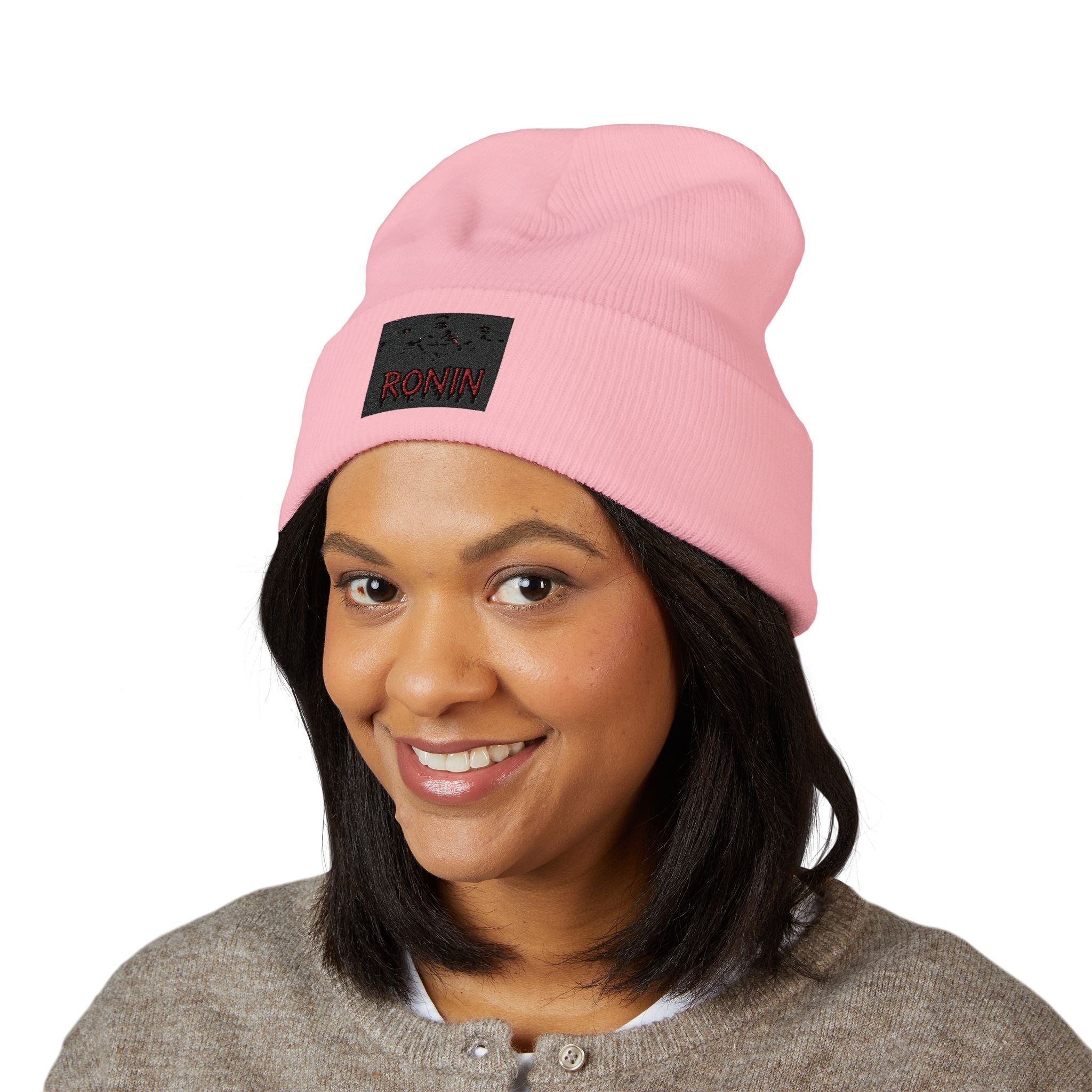 Embroidered 'RONIN' Cuffed Beanie — White Knit Winter Hat