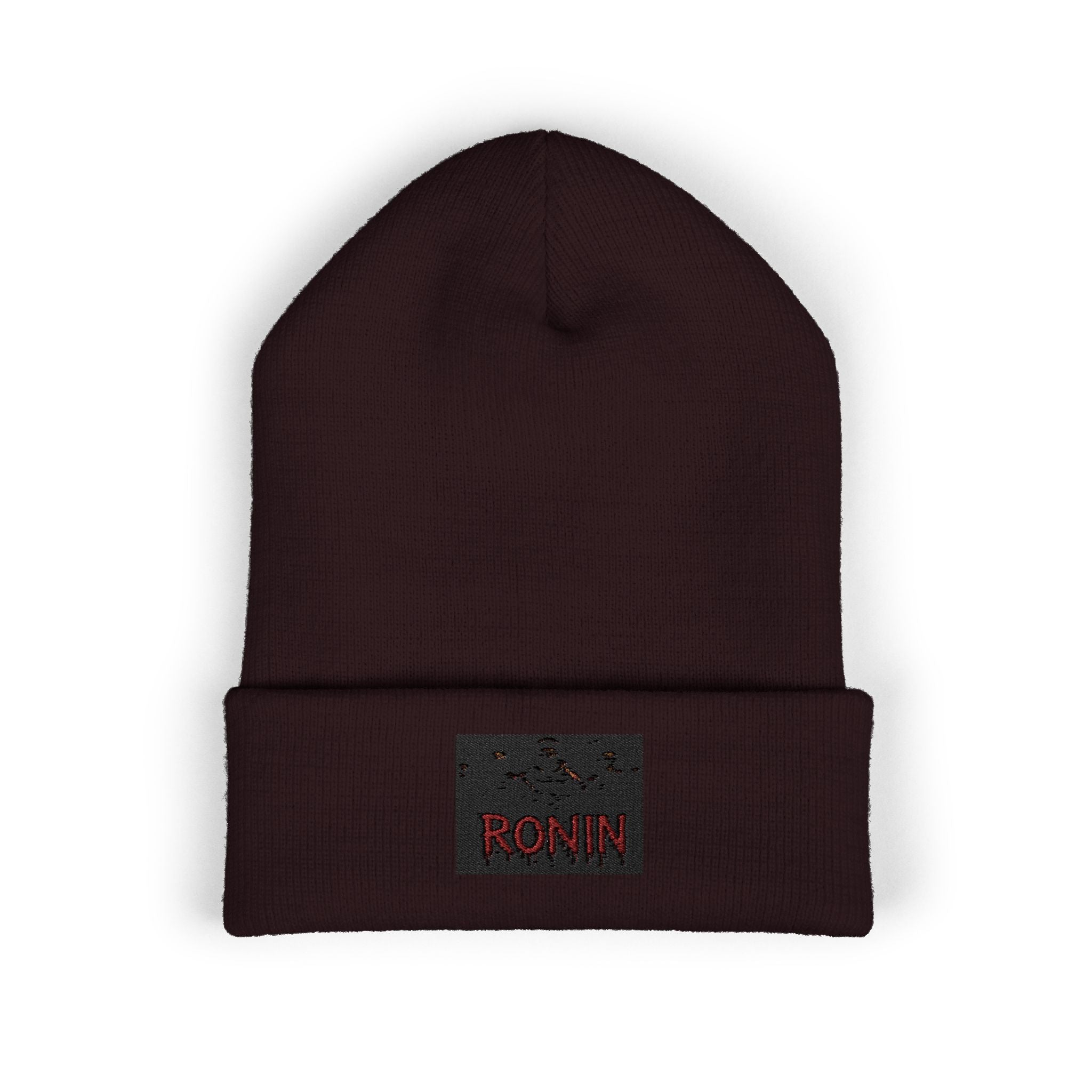 Embroidered 'RONIN' Cuffed Beanie — White Knit Winter Hat