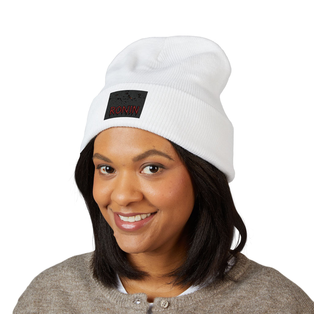 Embroidered 'RONIN' Cuffed Beanie — White Knit Winter Hat