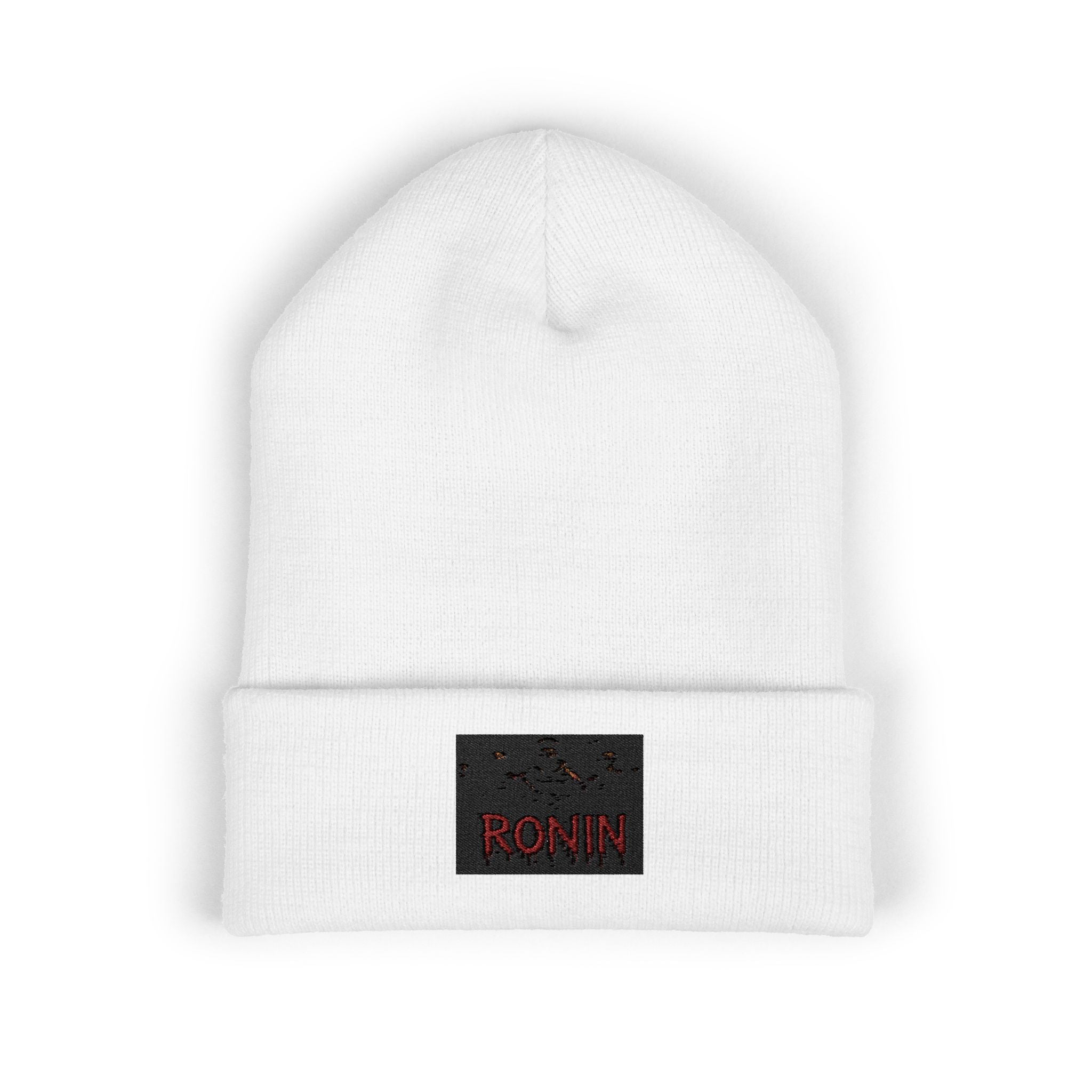 Embroidered 'RONIN' Cuffed Beanie — White Knit Winter Hat