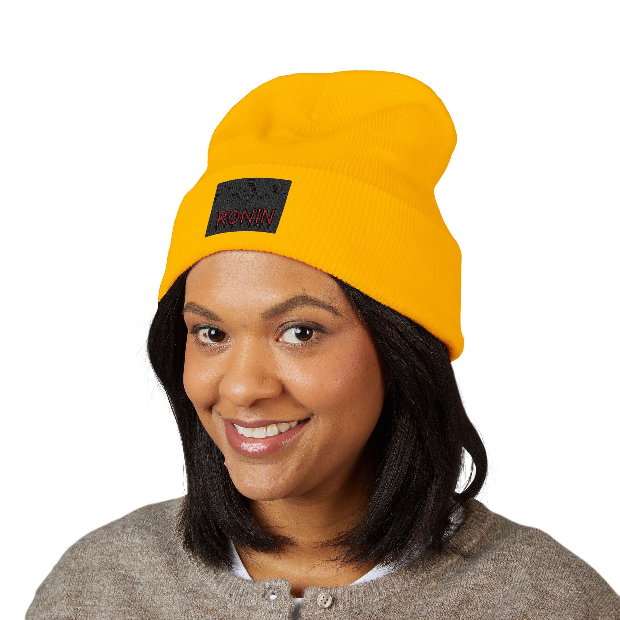 Embroidered 'RONIN' Cuffed Beanie — White Knit Winter Hat
