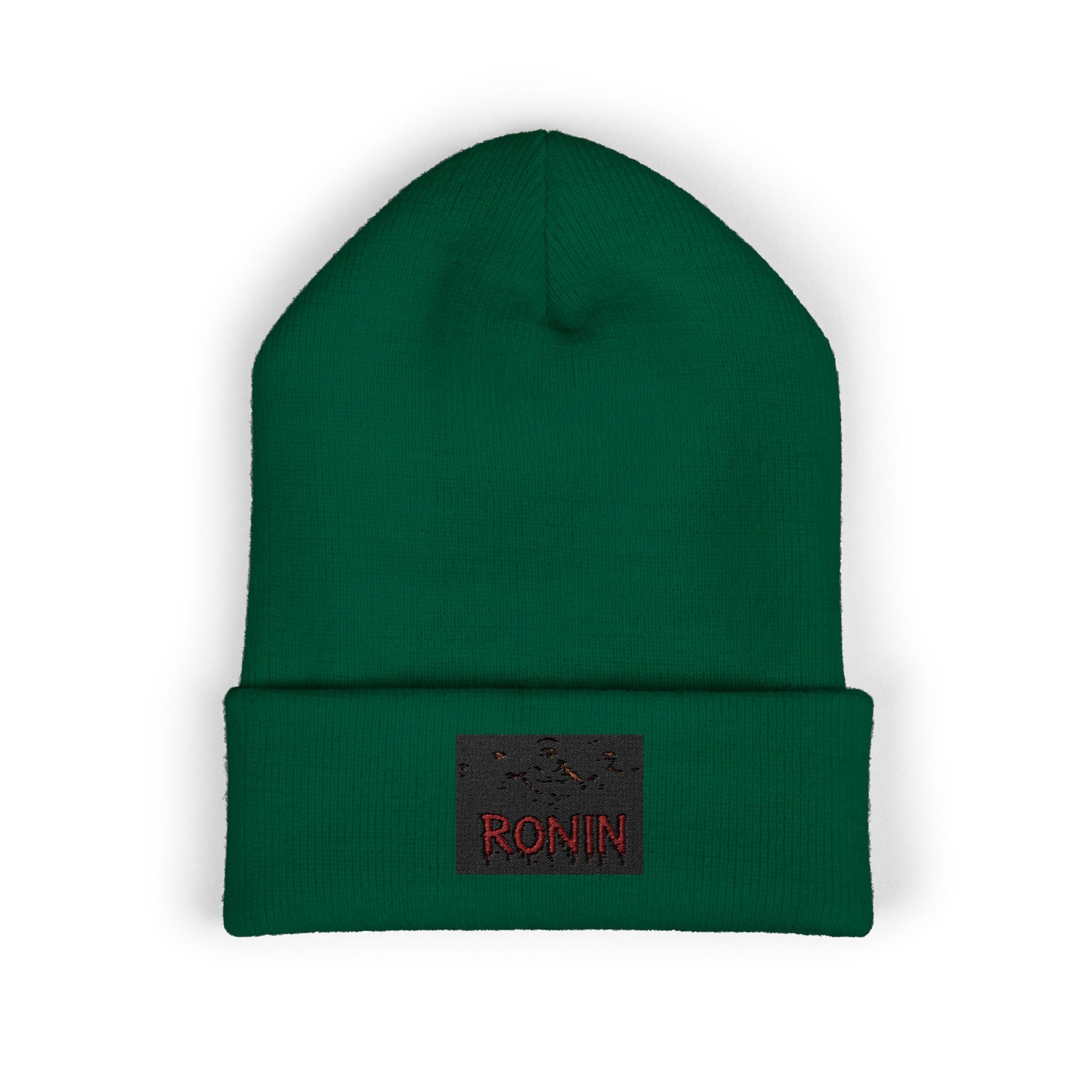 Embroidered 'RONIN' Cuffed Beanie — White Knit Winter Hat