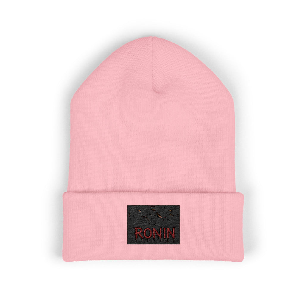 Embroidered 'RONIN' Cuffed Beanie — White Knit Winter Hat