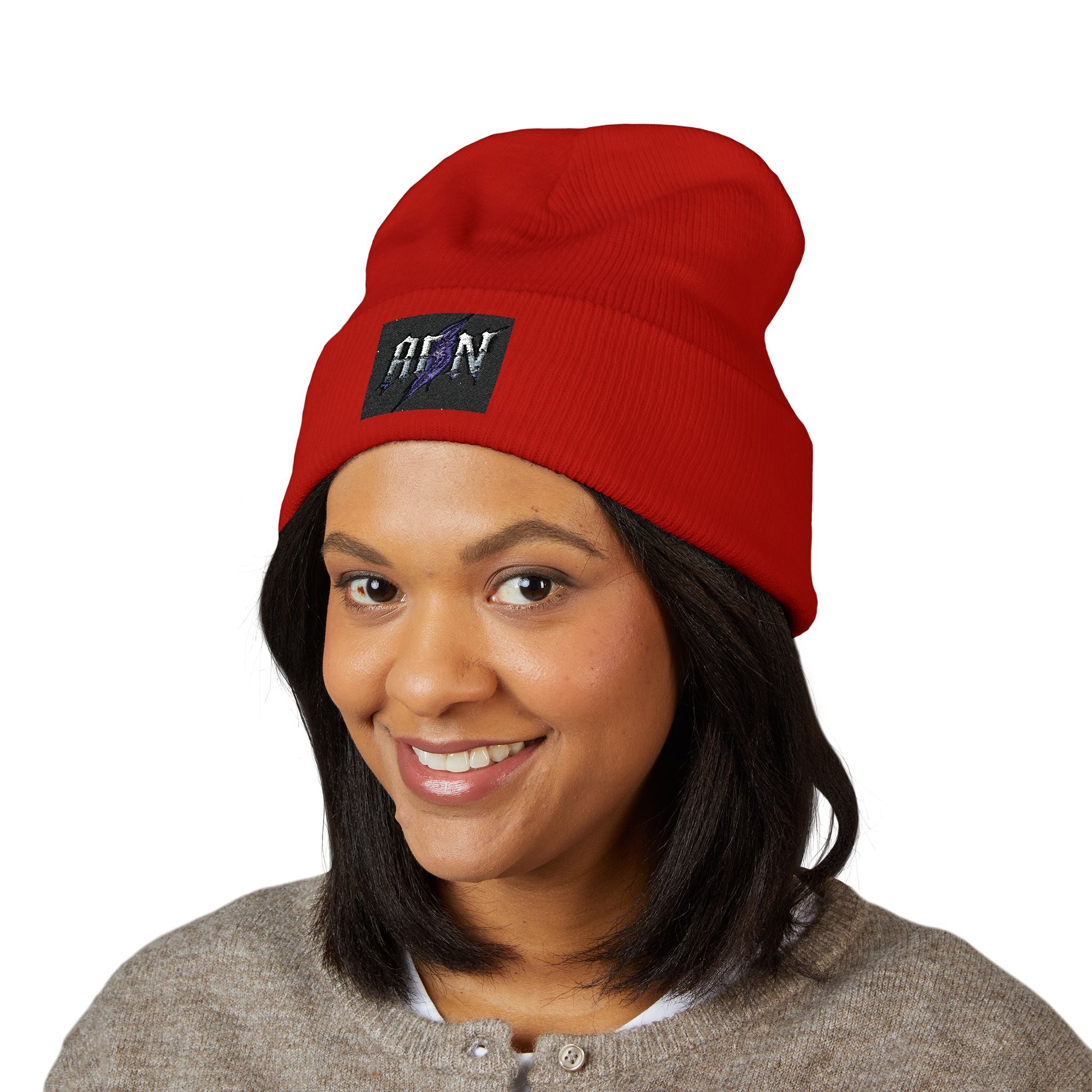 Embroidered 'ABN' Classic Cuffed Beanie — White Knit Winter Hat