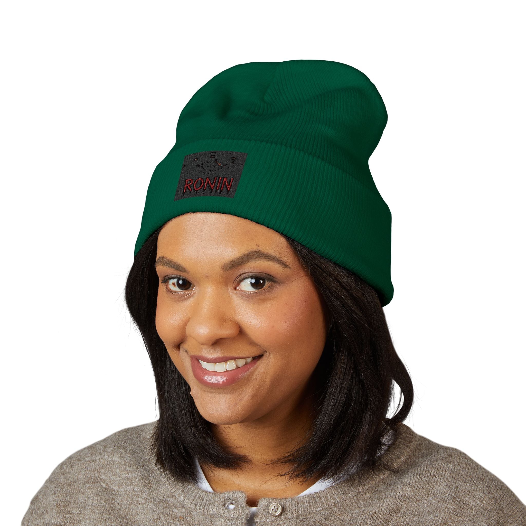 Embroidered 'RONIN' Cuffed Beanie — White Knit Winter Hat