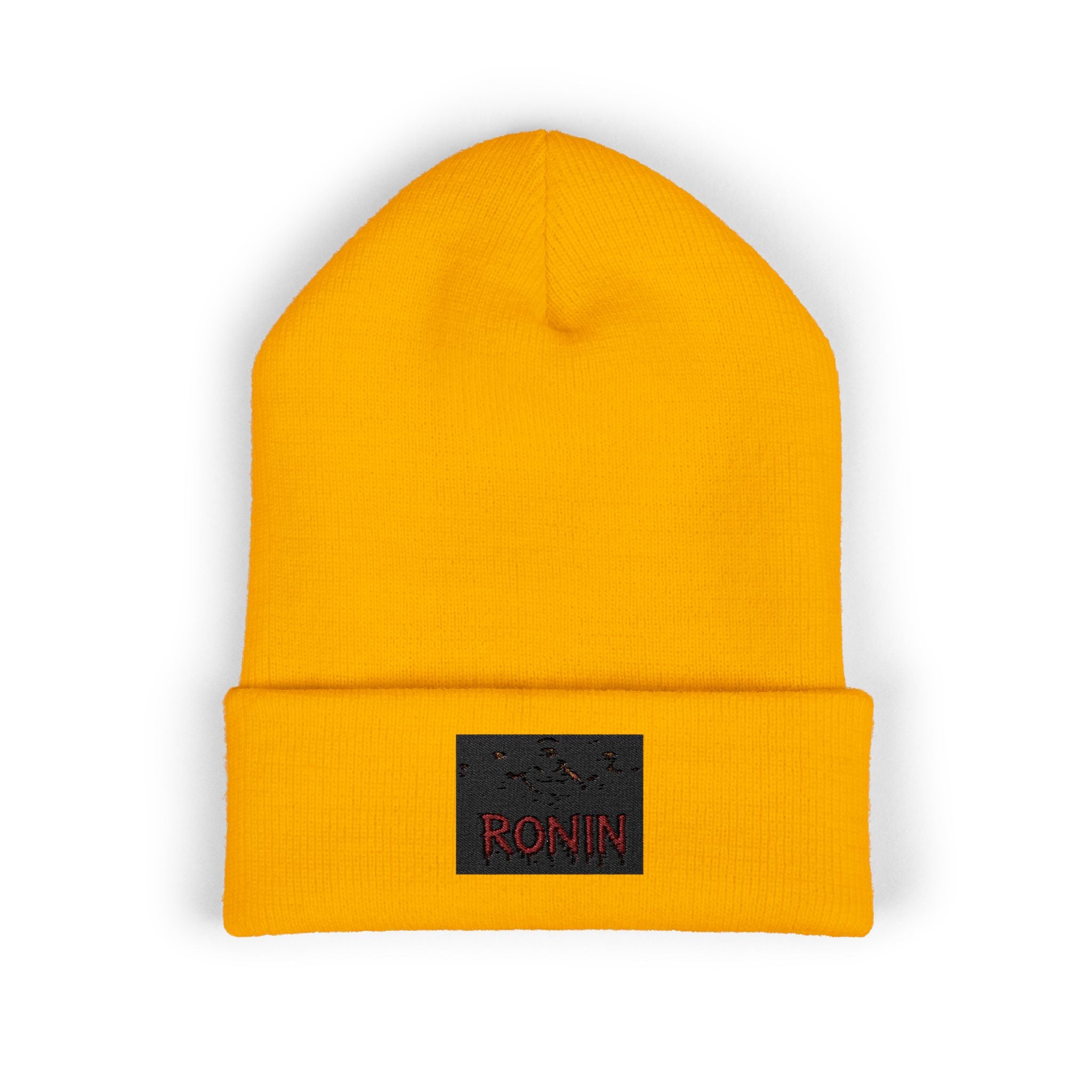 Embroidered 'RONIN' Cuffed Beanie — White Knit Winter Hat
