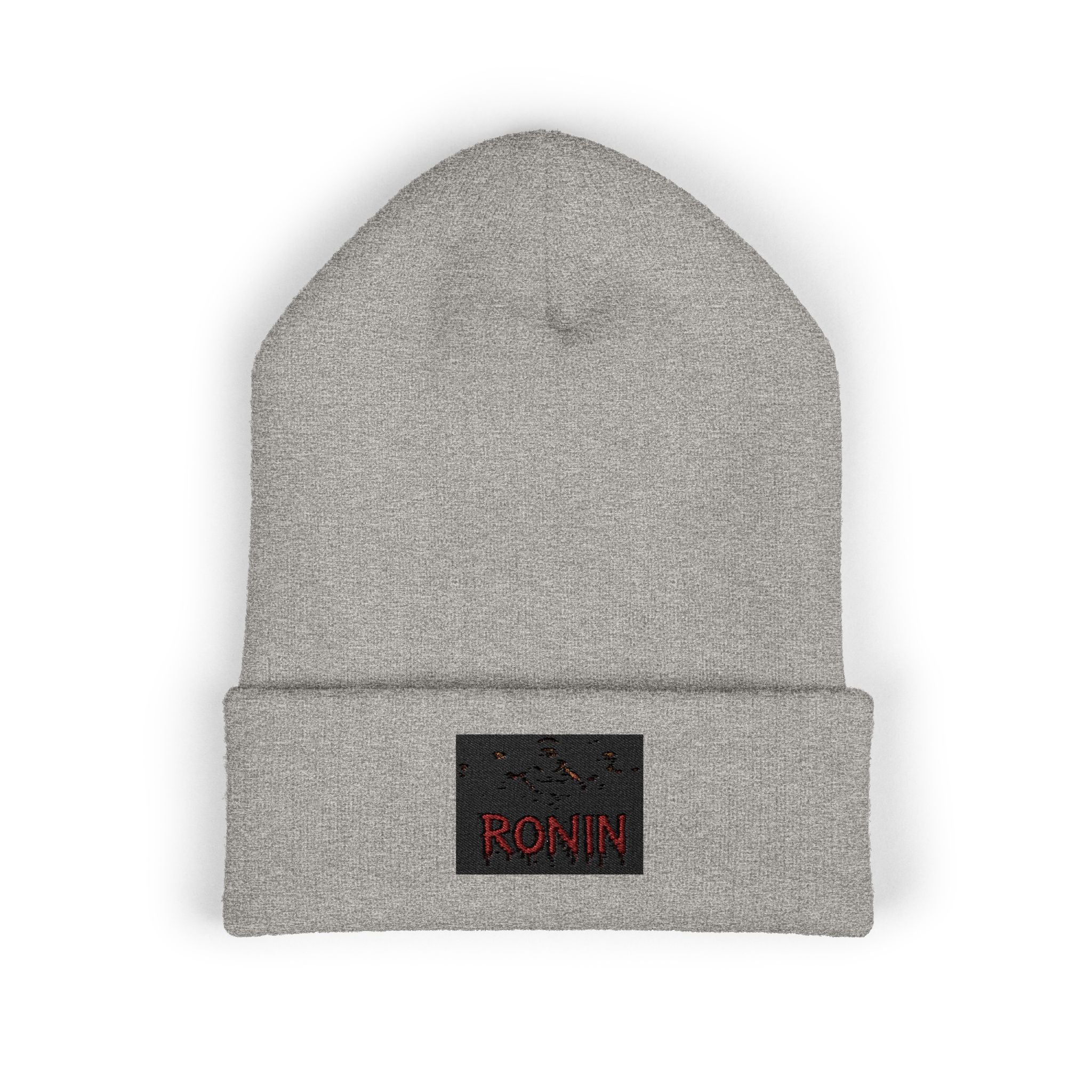 Embroidered 'RONIN' Cuffed Beanie — White Knit Winter Hat