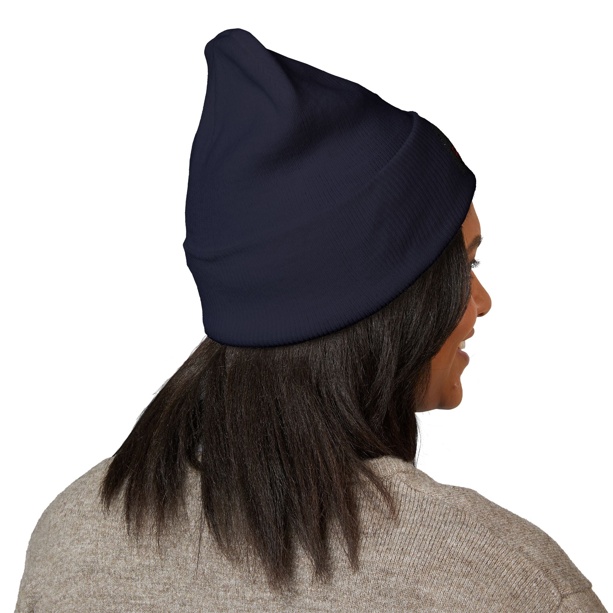 Embroidered 'RONIN' Cuffed Beanie — White Knit Winter Hat