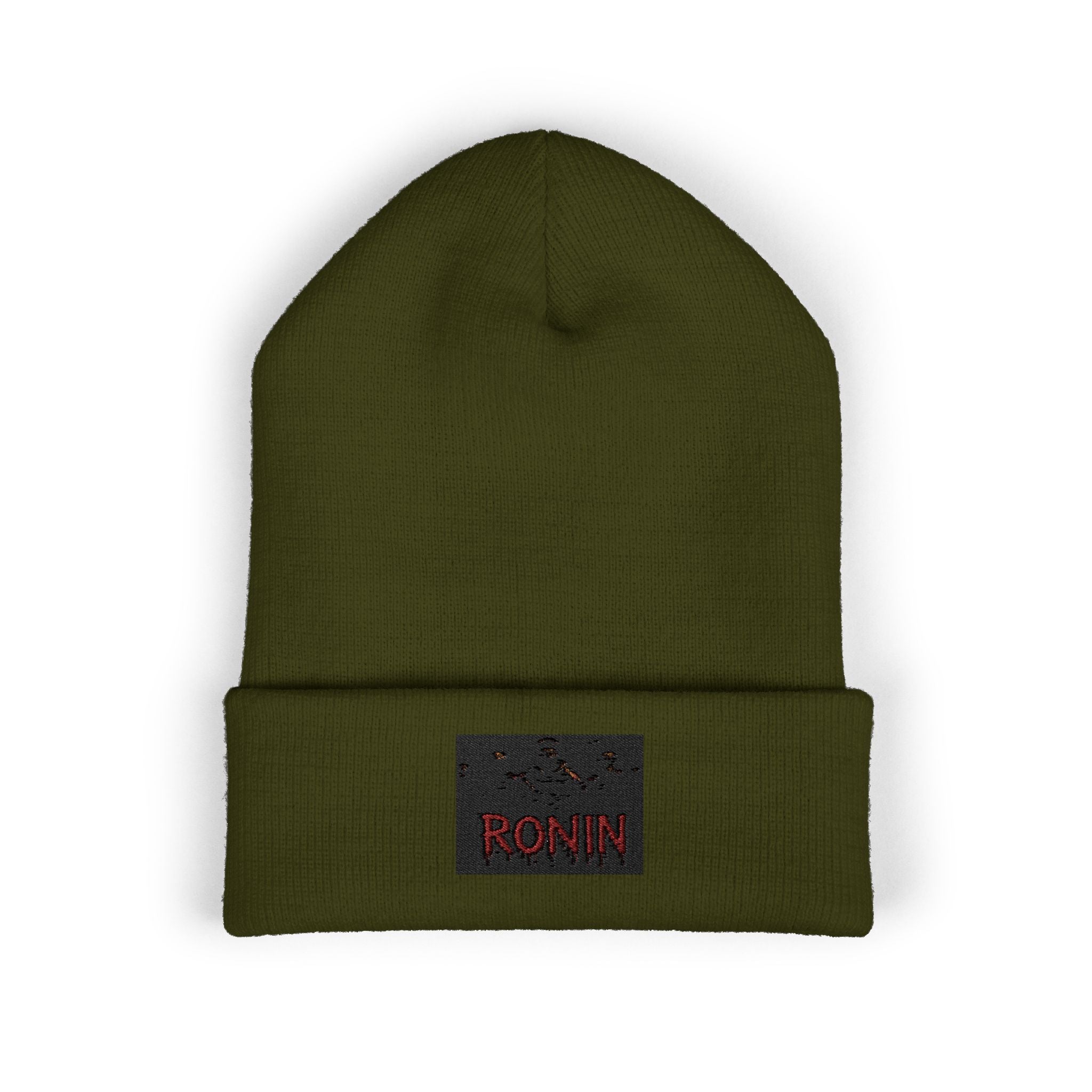 Embroidered 'RONIN' Cuffed Beanie — White Knit Winter Hat